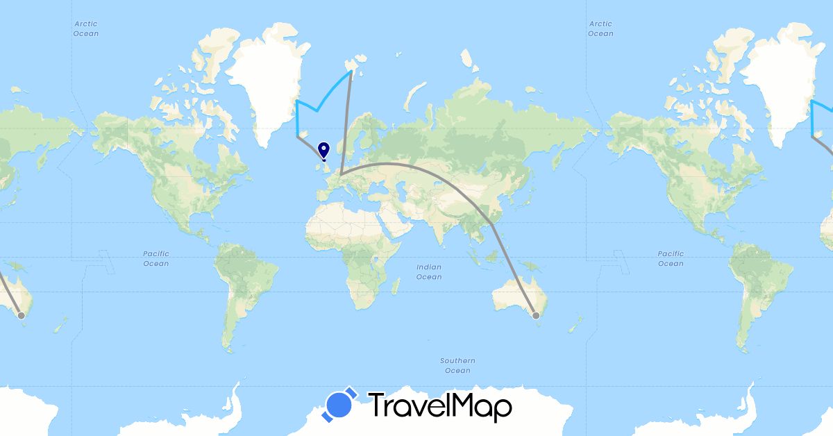 TravelMap itinerary: driving, plane, boat in Australia, China, Germany, United Kingdom, Greenland, Iceland, Norway (Asia, Europe, North America, Oceania)